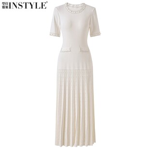 2026春夏新款 提花镂空针织百褶长裙连衣裙 优雅名媛钉珍珠圆领短袖
