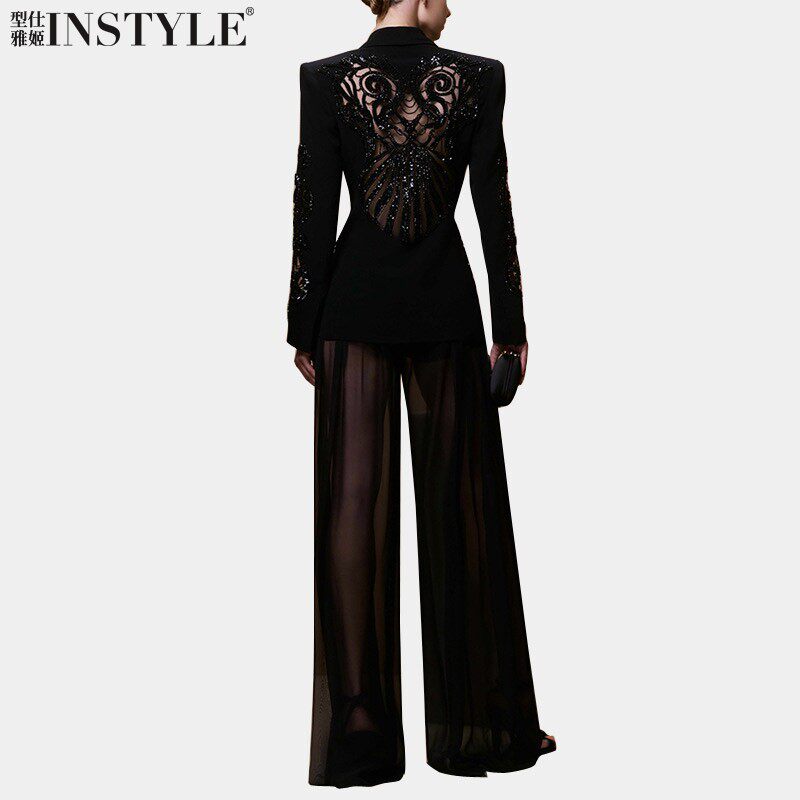 现货2026春夏欧美明星网纱钉珠亮片西装透视雪纺阔腿裤长裤两件套