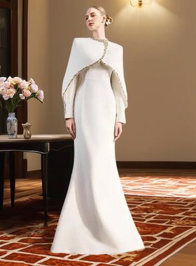 2026春季新款法式晚礼服长裙白色重工钉珠镶钻立领修身显瘦连衣裙