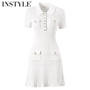 2026春夏名媛钉珠钻纽扣POLO领短袖 裙连衣裙女 烫亮片针织口袋短款