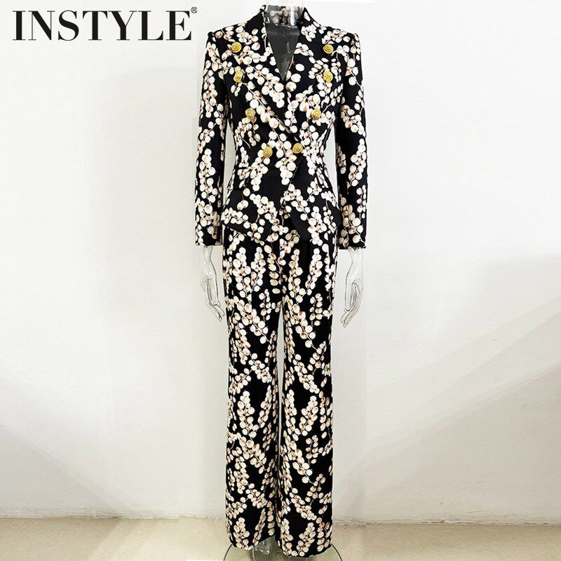 现货2026春欧美明星金属蜗牛扣加仑葡萄印花西装套装长裤两件套女