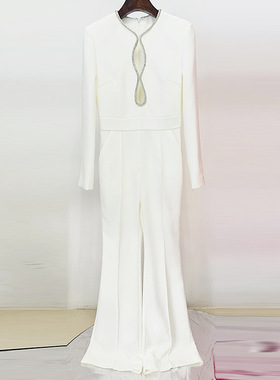 现货2025新款法式礼服白色钉珠镶钻镂空长袖显瘦微喇叭长裤连体裤