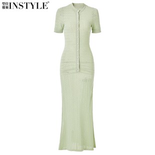包臀鱼尾裙长裙连衣裙女 修身 2026春夏新款 明星薄荷绿镂空针织短袖