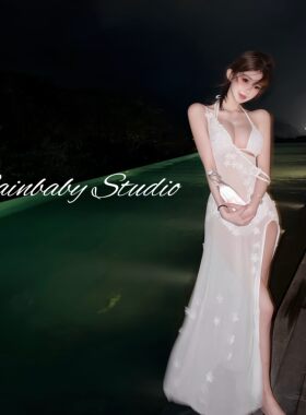Sainbaby【若隐若现】花朵性感挂脖沙滩度假长裙比基尼分体泳衣女