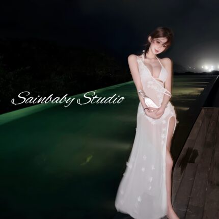 Sainbaby【若隐若现】花朵性感挂脖沙滩度假长裙比基尼分体泳衣女