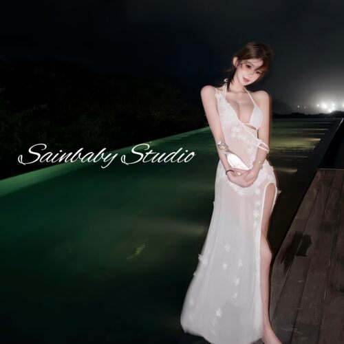 Sainbaby【若隐若现】花朵性感挂脖沙滩度假长裙比基尼分体泳衣女