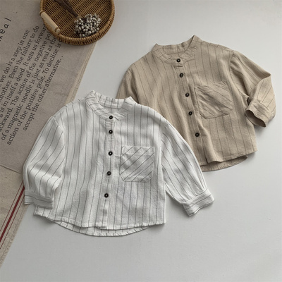 春夏新款森系条纹立领男女童衬衫