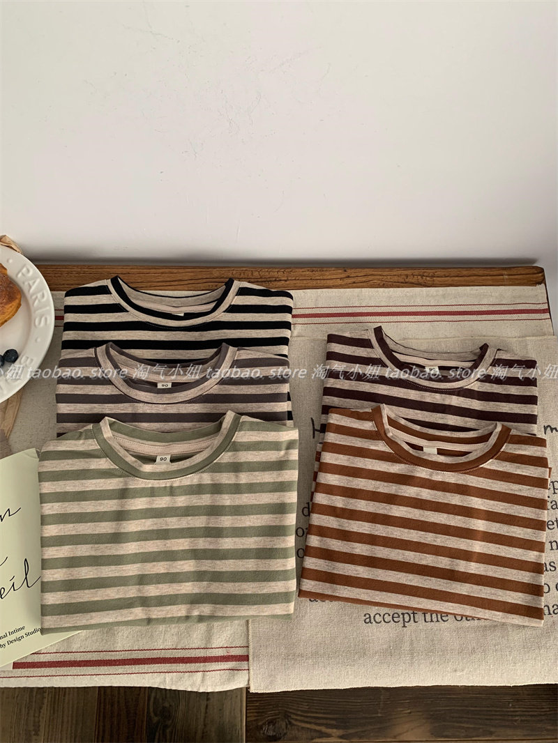 淘气小妞 男女童长袖T恤春秋新款韩版小孩宝宝洋气打底衫条纹上衣