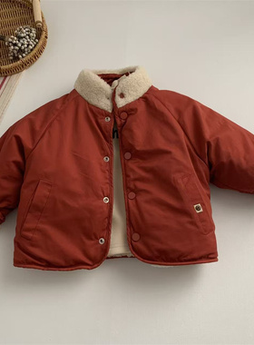 淘气小妞 两面穿女童棉服冬装新款红色男童宝宝加厚保暖棉袄外套