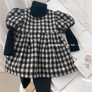 【5折清仓】秋冬女童连衣裙呢子加绒加厚泡泡袖格子公主裙