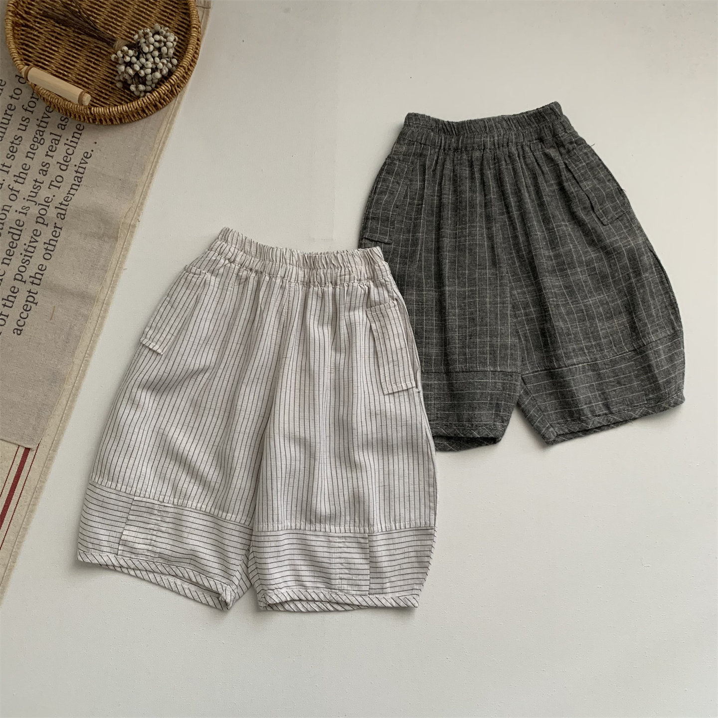 夏季薄款男女童条纹宽松七分裤图片