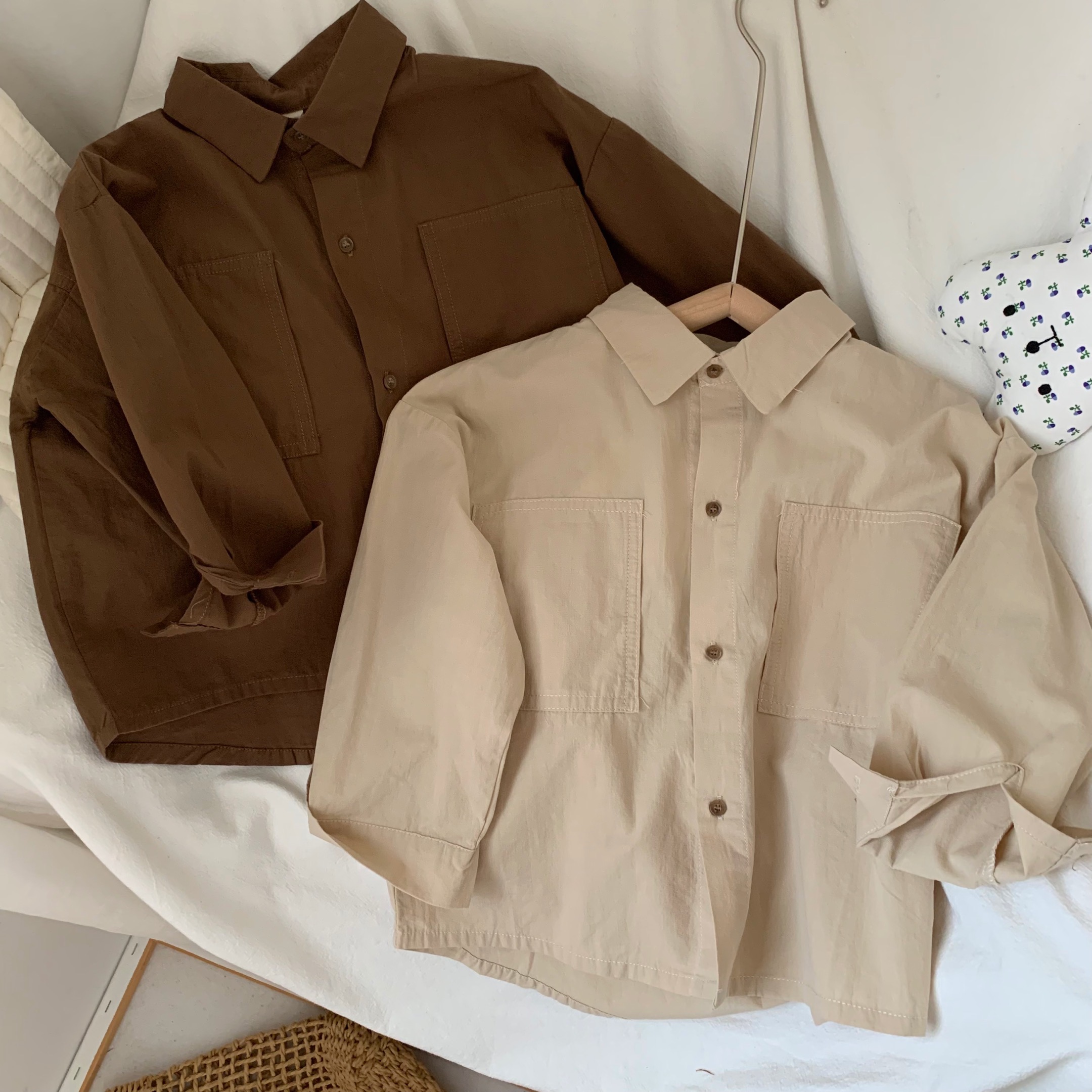 净色高级感~韩版春秋男童女童洋气棉麻衬衫长袖小孩宝宝衬衣上衣