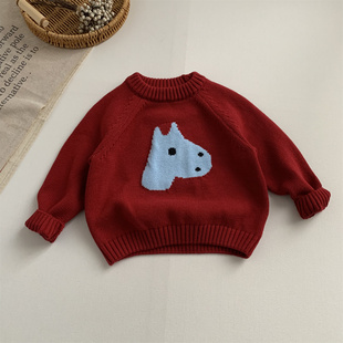 淘气小妞纯棉线女童毛衣秋冬新款2025儿童男童宝宝针织衫新年红色