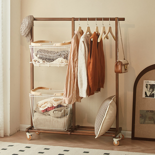 中古风实木衣帽架可移动卧室挂衣架家用落地多功能床边网红收纳架