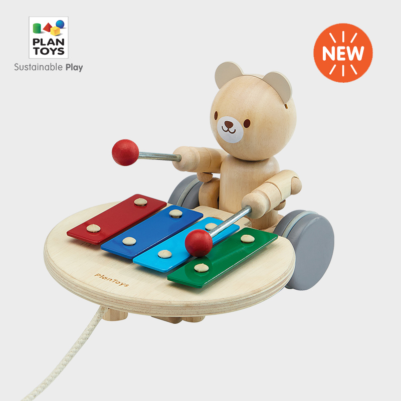 PlanToys学步牵绳拖拉音乐熊玩具