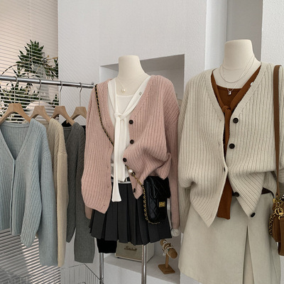 欧玛莱 坑条单排扣针织开衫女秋季新款外搭软糯毛衣外套实拍 4790