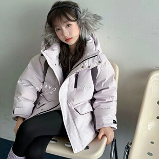 女童羽绒服新款工装风大毛领派克羽绒服女冬中长款加厚保暖外套