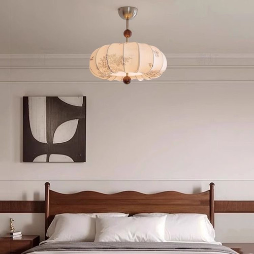 法式复古风卧室吊灯布艺花纹中古餐厅南洋实木侘寂风温馨房间主灯