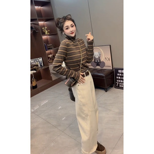 t恤女时尚 高领条纹长袖 洋气百搭套头上衣 25冬新款 欧货T内搭打底衫