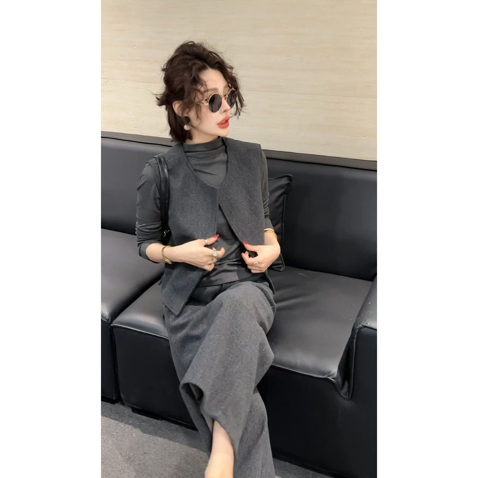 冬季网红新款时尚套装女高级感毛呢马甲半高领打底衫阔腿裤三件套,女装/女士精品,时尚套装,淘宝优惠券,粉丝福利购,淘宝优惠卷