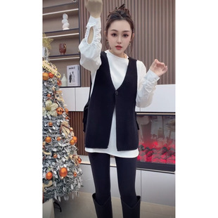 25女秋冬时尚百搭黑马甲修身显瘦中长款白色长袖T恤休闲两件套潮