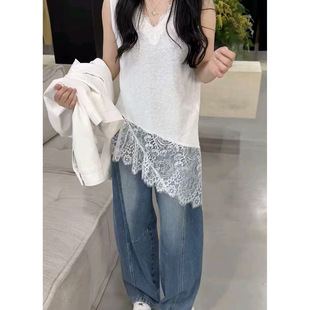 女v领斜边蕾丝白色吊带背心新西服叠穿中长款内搭打底衫无袖上衣