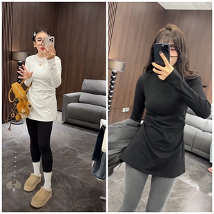 遮屁股纯色修身 打底衫 上衣 T恤女5秋冬欧货内搭中长款 白色开叉长袖