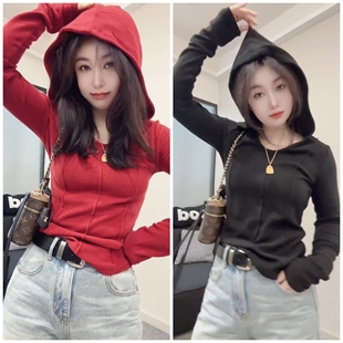 洋气打底衫 纯色连帽t恤女时尚 百搭套头红色上衣 T25冬新款 欧货长袖