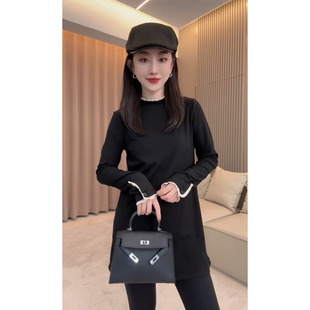 内搭打底上衣 显瘦黑t中长款 欧货蕾丝花边领长袖 大T恤女25秋冬修身