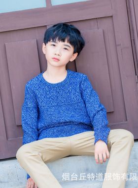 卡林狗新款男童纯棉深蓝色圆领韩版秋冬套头柔软宝宝加厚儿童毛衣
