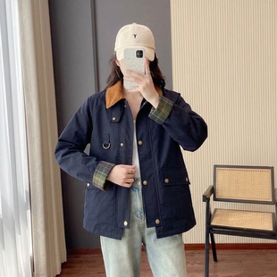9.15【新款】巴风复古灯芯绒领双面穿英伦格纹内里短款工装棉服女