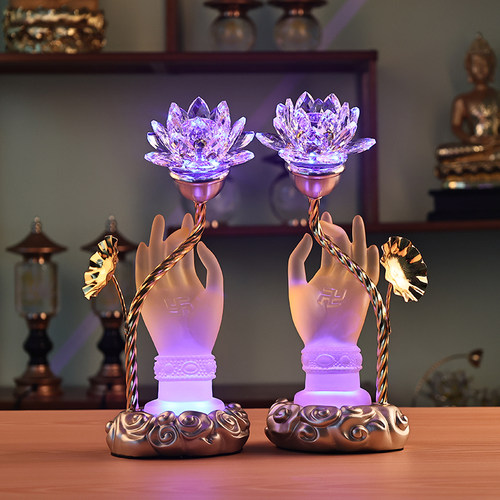 一对供佛LED七彩莲花灯佛供灯水晶长明灯插电供奉佛灯佛前观音灯