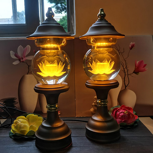 水晶玻璃莲花灯佛供灯七彩佛前灯供灯长明灯家用充电佛灯照明灯