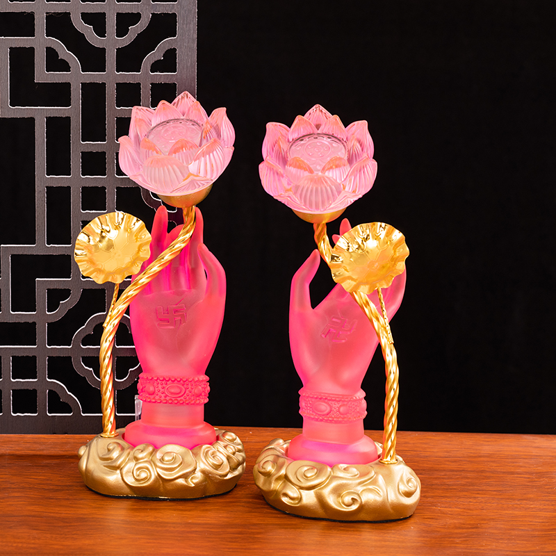 观音灯琉璃佛手灯佛前供灯七彩水晶莲花灯长明灯家用插电LED一对