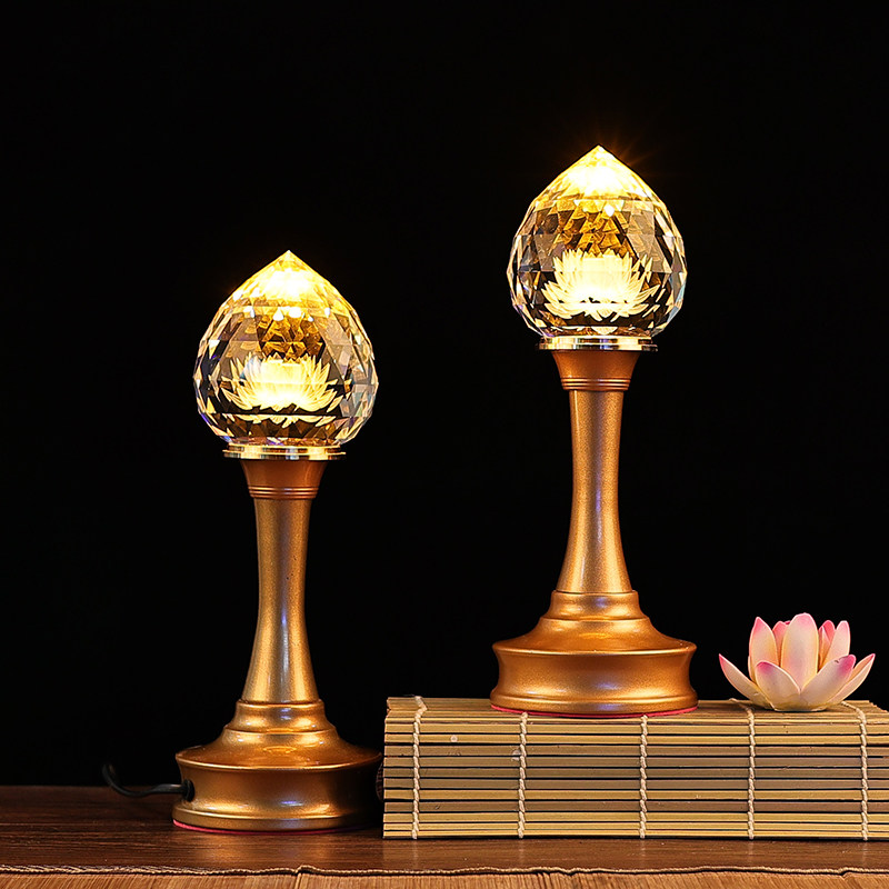 led水晶玻璃七彩莲花灯佛前佛堂供灯插电家用佛堂供奉观音长明灯