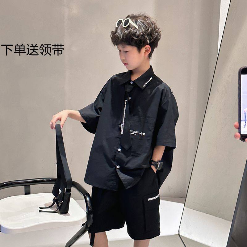 男童套装夏装男孩帅气衬衫两件套2026新款中大童韩版宽松休闲潮款