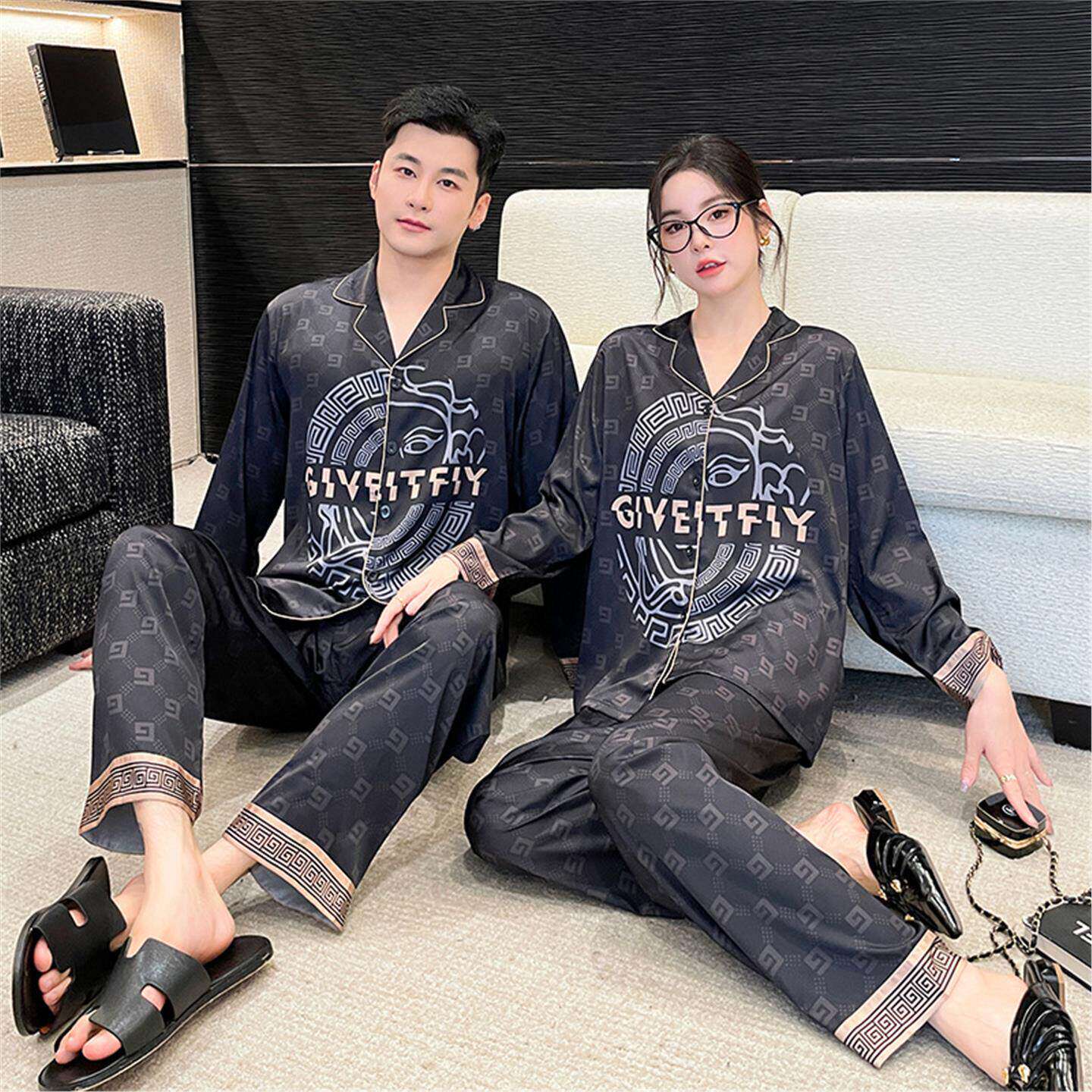 真丝睡衣情侣春秋季长袖长裤套装桑蚕丝大码翻领开衫家居服礼盒装