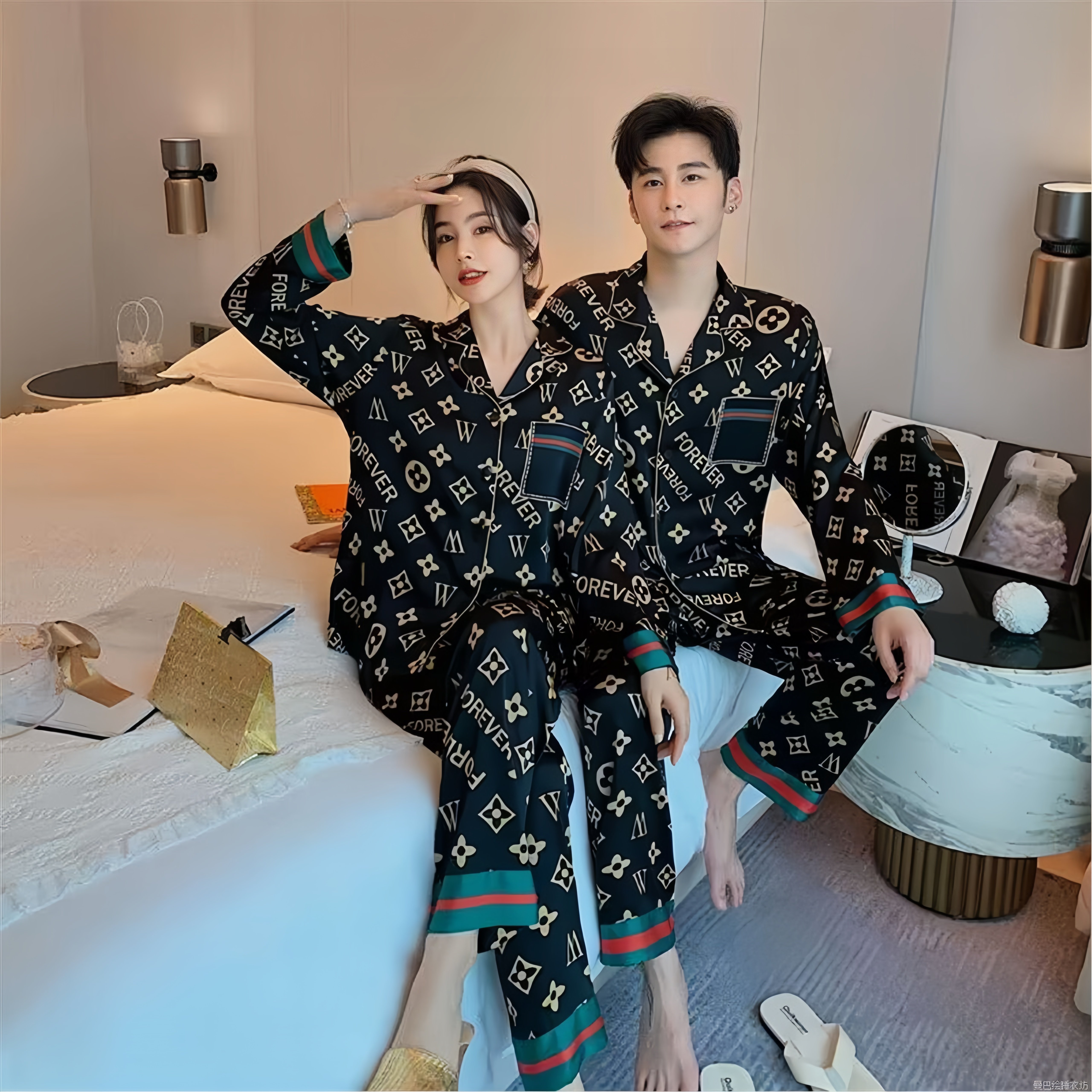 真丝睡衣情侣春秋季一男一女长袖长裤套装桑蚕丝高端两件套家居服