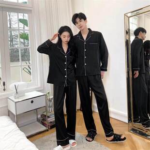 纯色真丝睡衣情侣长袖长裤套装桑蚕丝高级感提花字母黑白色家居服