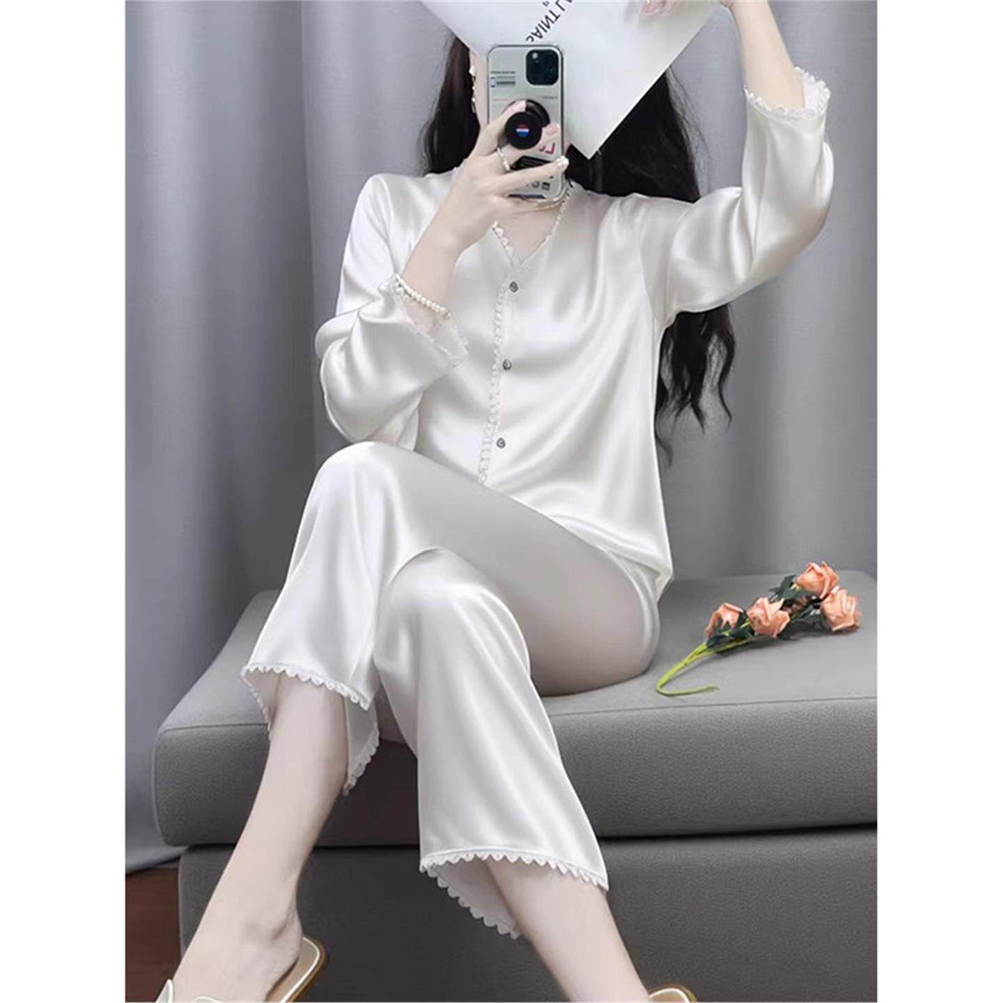 真丝睡衣女士春秋季薄款长袖长裤套装桑蚕丝高级感简约舒适家居服