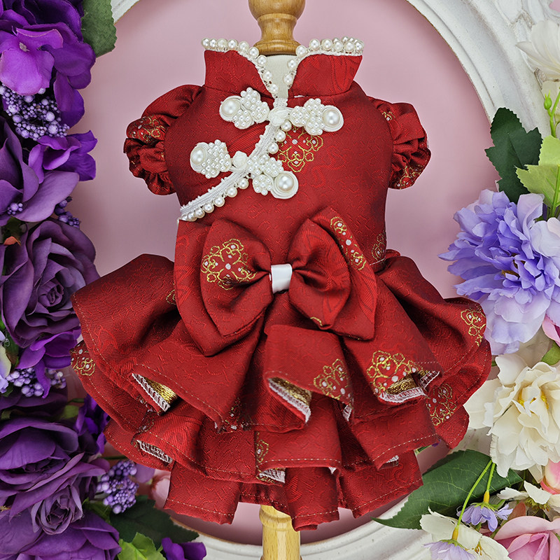 私宠手作酒红宠物旗袍泰迪比熊小马喜庆衣服小型犬结婚拜年装定做