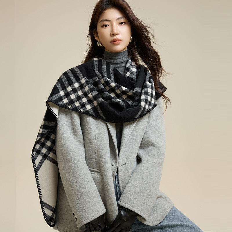 黑白格纹秋冬保暖大围巾披肩