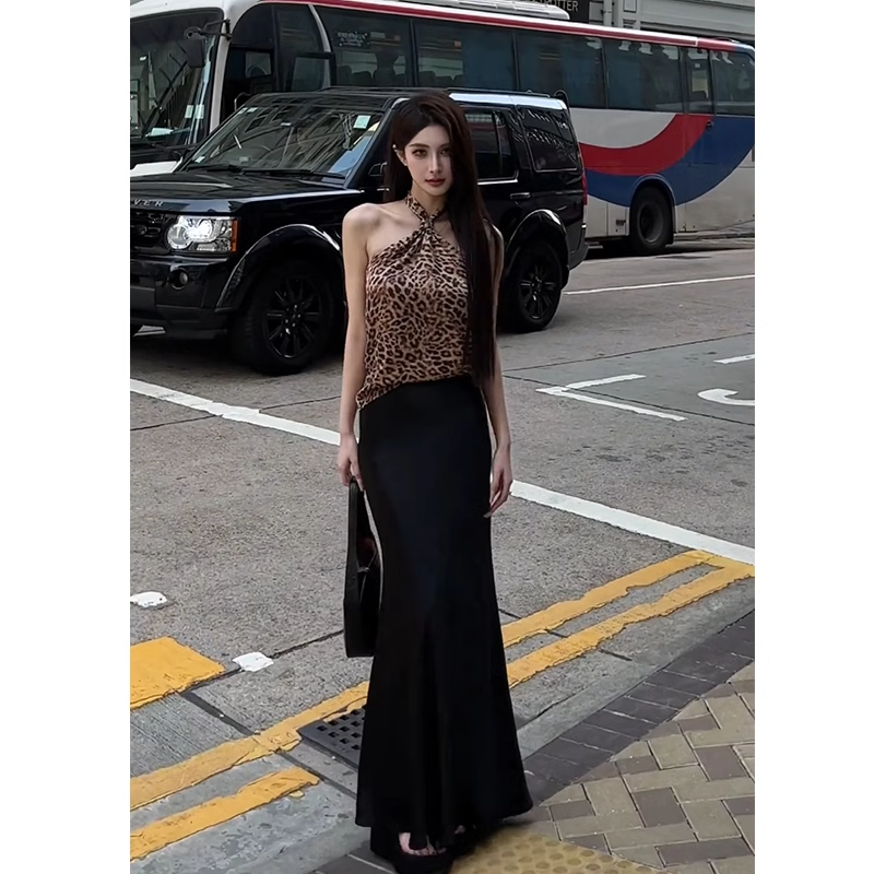 法式黑色缎面鱼尾裙女夏季超长款到脚裸高腰显瘦丝滑垂坠感包臂裙