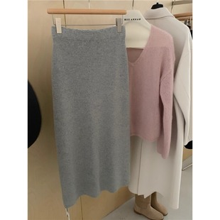 法式灰色羊绒针织半身裙女秋冬高腰直筒裙小个子软糯中长包臂裙子