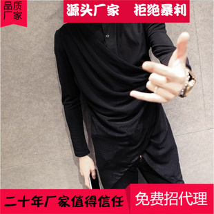 个性韩版权志龙同款潮男款打底衣长袖T恤不对称衬衫领美发师夜店