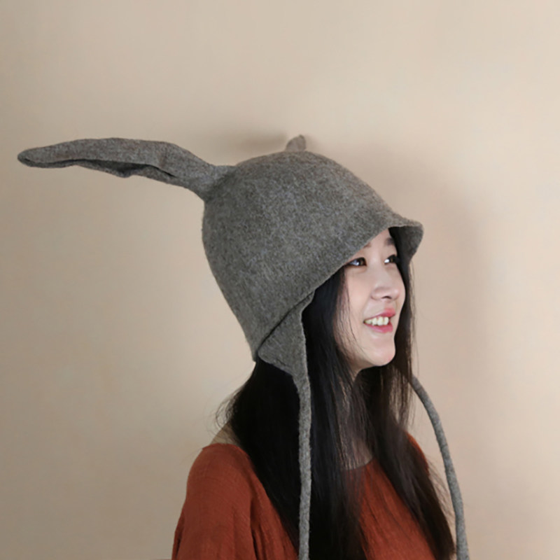 羊外婆的小女孩手工制作羊毛毡动物帽子保暖护耳帽立耳兔【定制】
