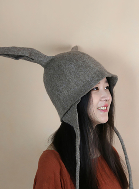 羊外婆的小女孩手工制作羊毛毡动物帽子保暖护耳帽立耳兔【定制】