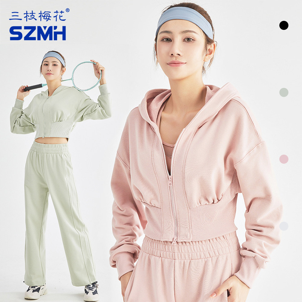 三枝梅花连帽卫衣女士宽松休闲短款外套2026春季新款拉链运动上衣