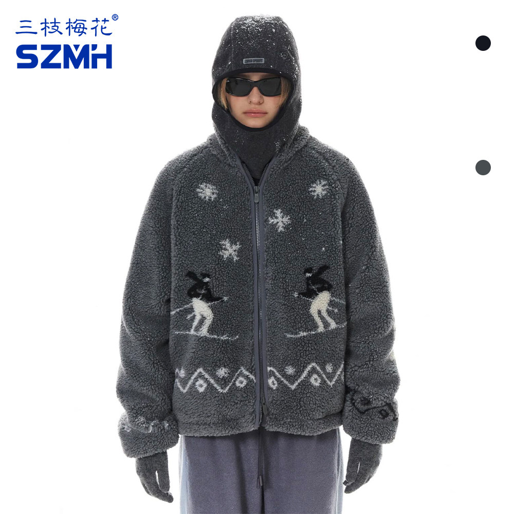 三枝梅花仿羊羔毛外套男女款宽松保暖拉链上衣印花图案情侣休闲服,运动服/休闲服装,运动茄克/外套,淘宝优惠券,粉丝福利购,淘宝优惠卷