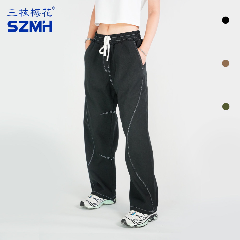 三枝梅花阔腿裤男加厚加绒工装裤女宽松休闲裤垂感运动裤秋冬新款